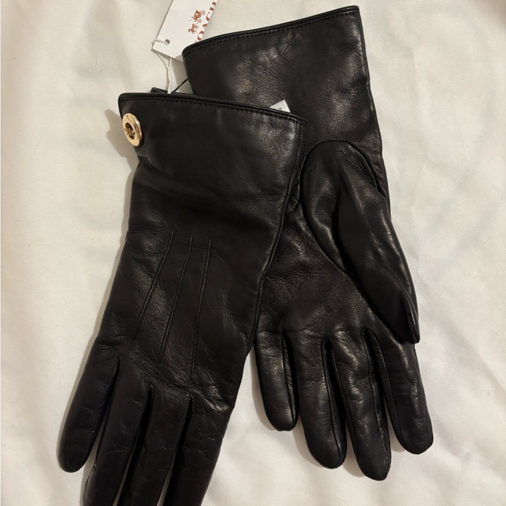 Coach Black Leather Gloves with Gold Detail brand new